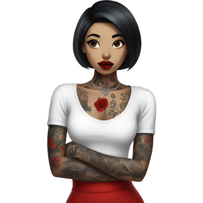 Pale black haired girl with black tattoos on body wearing red lipstick  emoji