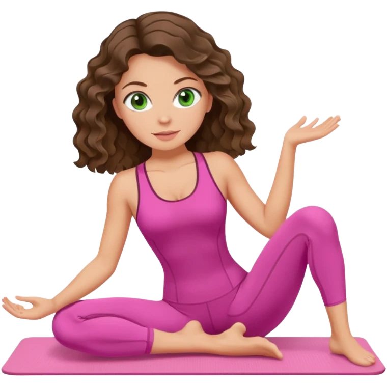 White, green-eyed, brunette cute feminine lady emoji with wavy hair doing pilates wearing pink pilates fit emoji