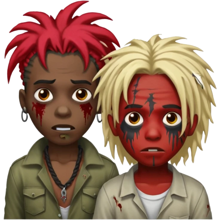make two zombie boys, preferably black, both with dreadlocks, one with short hair, half blond and half black, and the second with long dreadlocks (up to the shoulder) with red roots and black tips  emoji