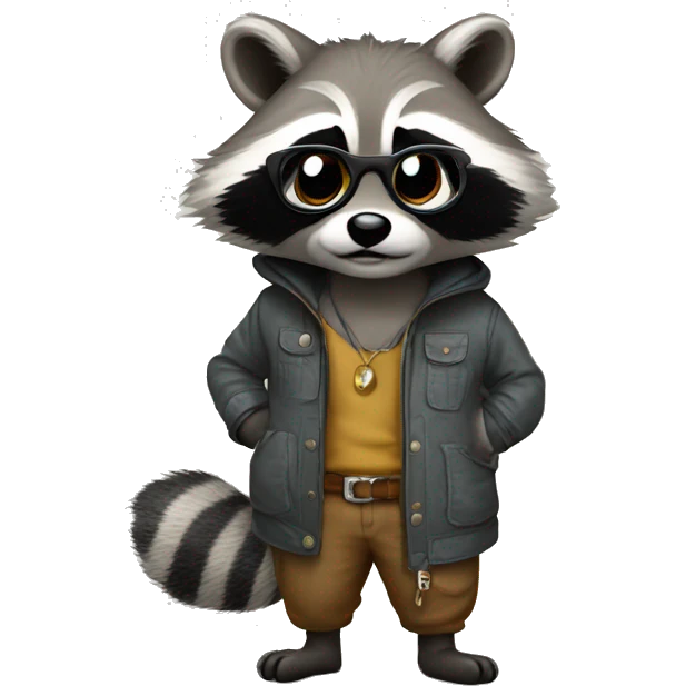 Racoon stands and thinks in casul clotes and glasses emoji