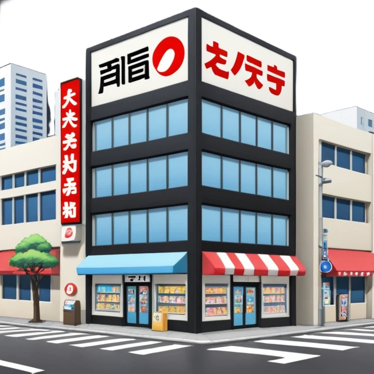 japanese anime store in modern style like in Akihabara with "anime" in japanese on a building emoji