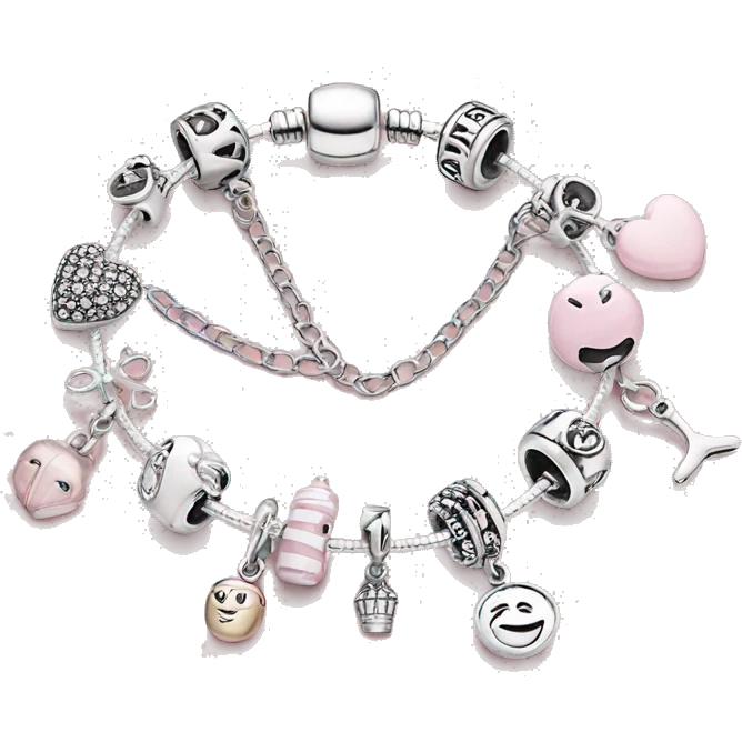 Silver pandora charm bracelet with light pink charms emoji