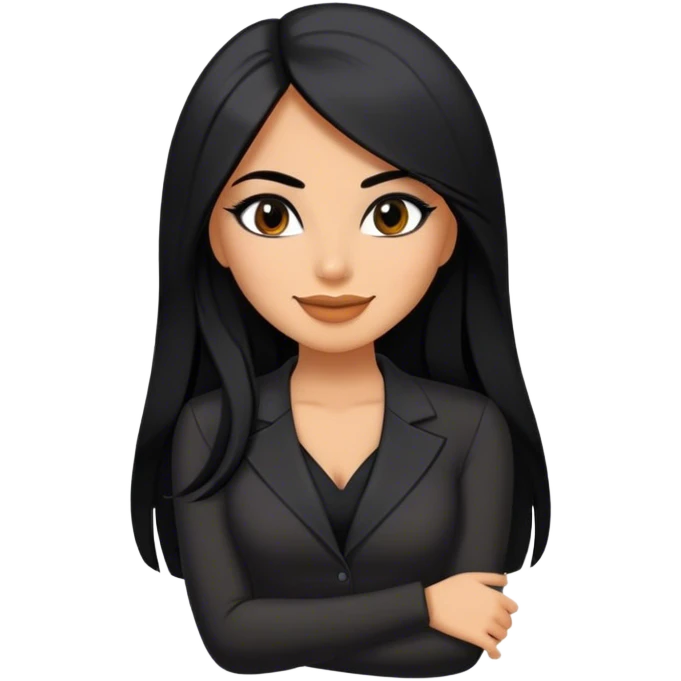 beautiful woman boss, with long straight black hair, with make up, black eye liner, smile, mexican, brown skin, wearing beautiful sexy black outfit, she’s shy emoji