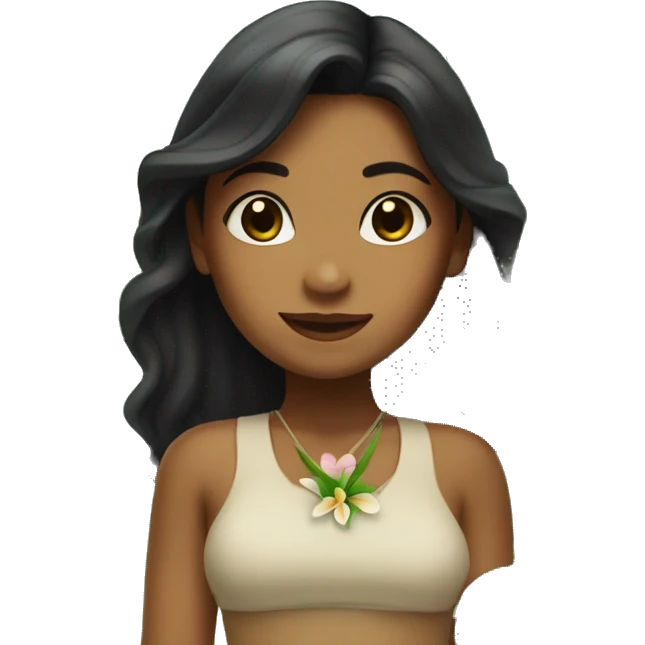 Brown Island girl with long black hair and a plumeria flower emoji