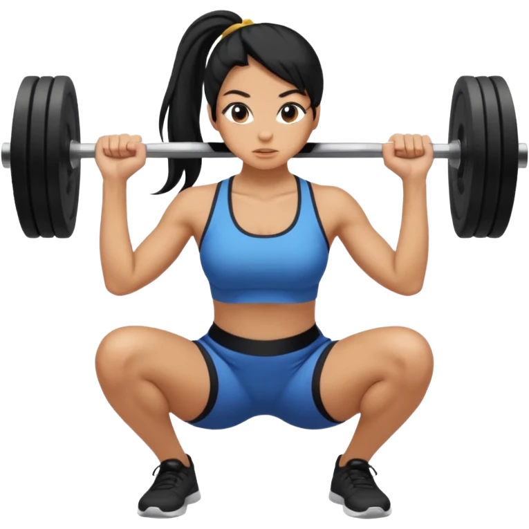 Women with long black ponytail doing a squat with no weights emoji