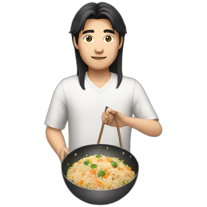 asian guy with long hair holding a wok that has fried rice in it emoji