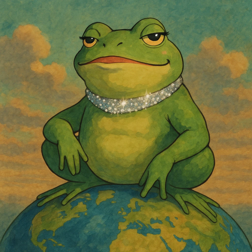glamorous frog with sparkly choker, ruling the world, ghibli style emoji
