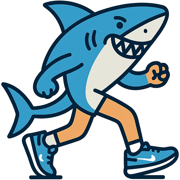 playful shark with human-like legs running in blue Nike shoes outlined in modern color icon style emoji