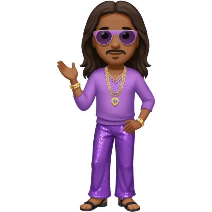 Stevie Wonder with long dark brown hair, lilac sequin baggy pants, shirtless with necklace emoji