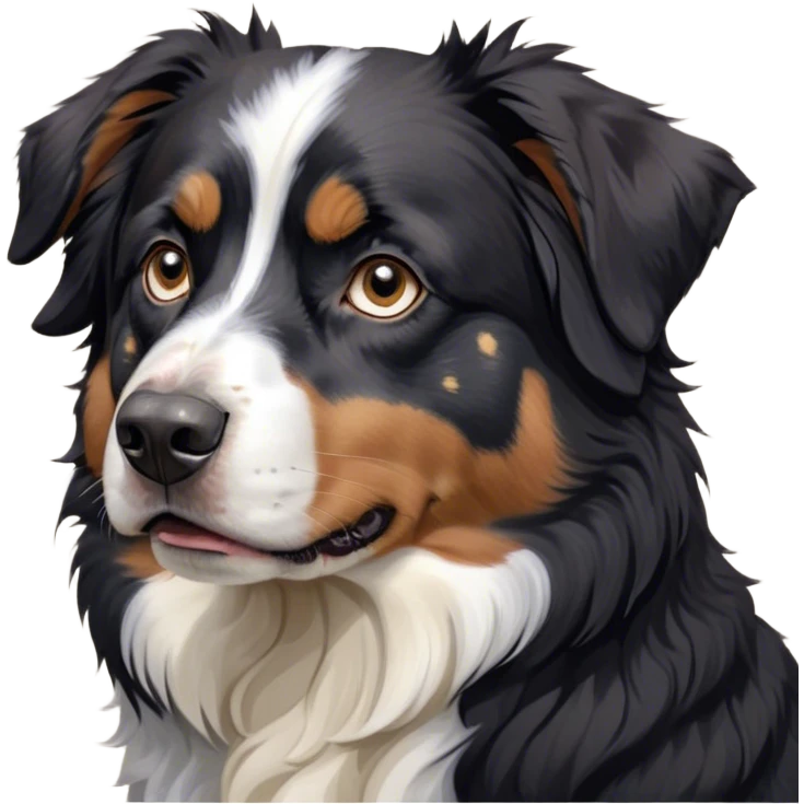 Cinematic Grumpy Black Tri Australian Shepherd Portrait Emoji, Head tilted slightly with a deeply unimpressed expression, thick black fur with bold white and tan markings, large, droopy dark eyes narrowed into an unamused glare, ears drooping in exasperation, Simplified yet comically expressive features, highly detailed, glowing with a dry, sarcastic glow, high shine, effortlessly judgmental yet dignified, stylized with a touch of cynicism, bright but brooding, soft glowing outline, capturing the essence of an eternally unimpressed yet endearing pup, so lifelike it feels like it could sigh heavily at you in disdain at any moment! emoji
