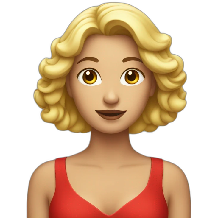 woman in red dress holding apple emoji