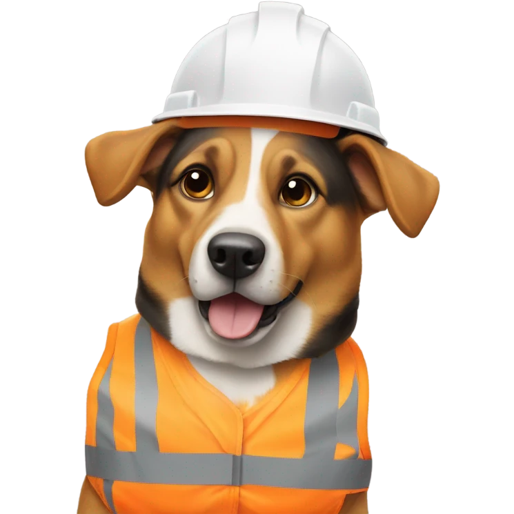 Dog with a protective helmet and safety vest working in construction. emoji