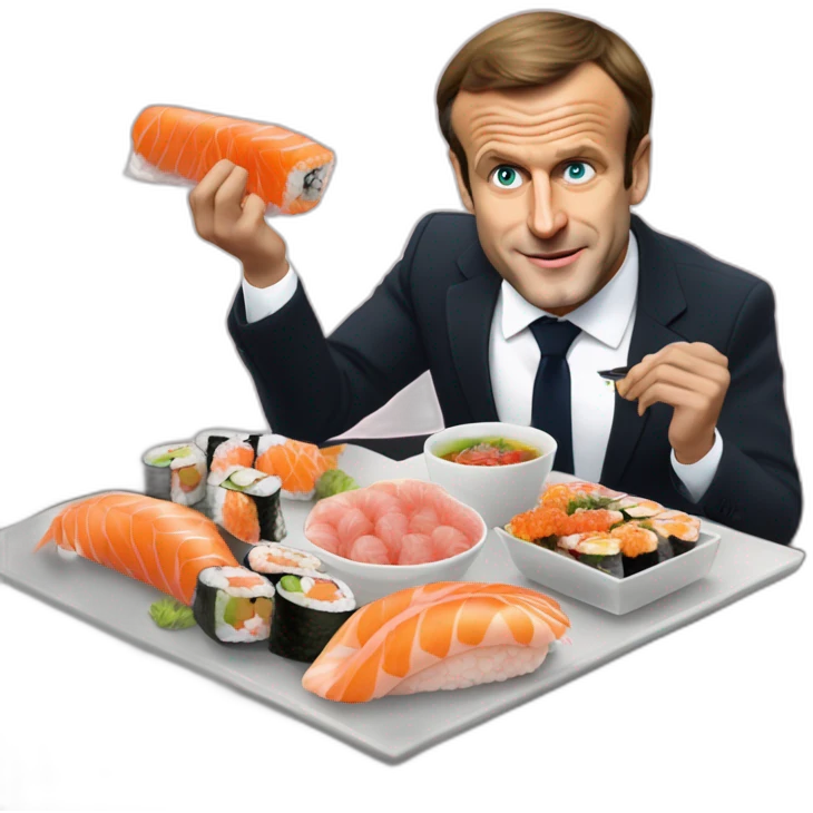 Emmanuel Macron qui chevauche un chat et qui mange des sushis emoji