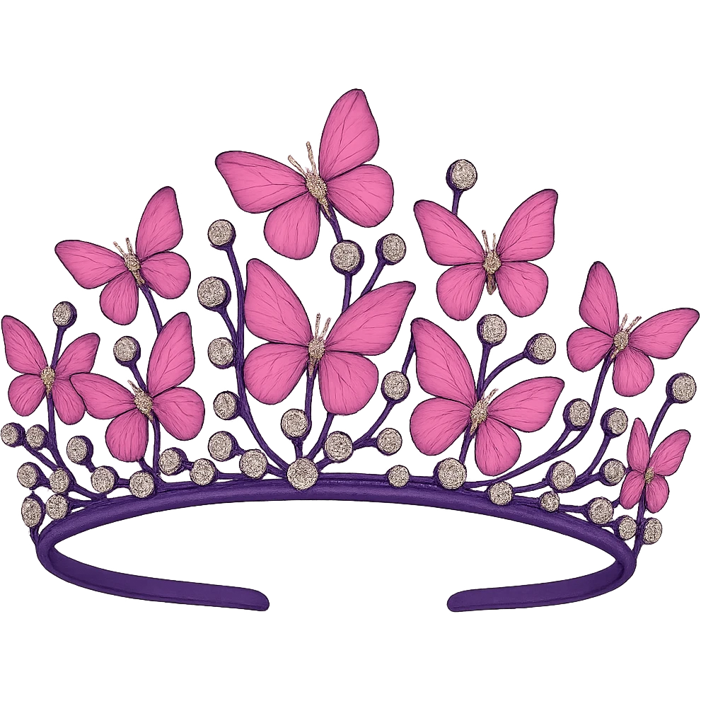 Make the base of the butterfly crown purple, keep the vibrant pink enamel butterflies and sparkling gems, with no background. The style should maintain the original look of the butterfly crown. emoji