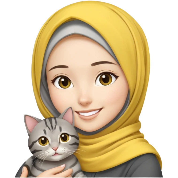 Asian White girl wearing pretty yellow hijab holding a black grey tabby cat while smiling emoji