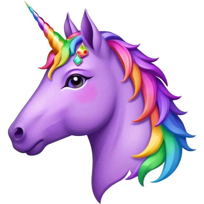 purple unicorn side profile, rainbow gemstone crown on forehead, mane made of multi-skin-tone handprints emoji