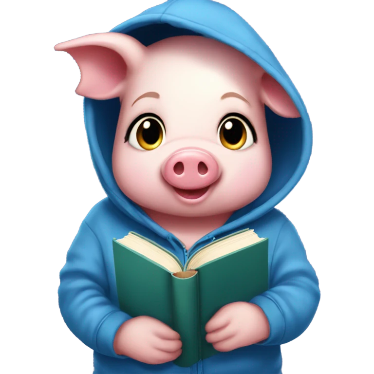 Cute girly pig sprite wearing a blue hoodie with books on it, reading the book “Little Women”. emoji