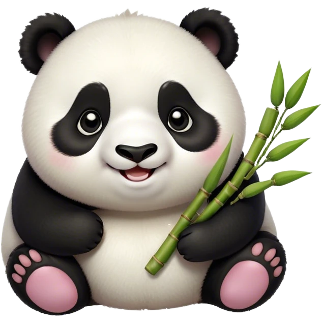 Cinematic smiling chubby panda, fluffy black and white fur, round rosy cheeks, tiny paws holding a bamboo shoot, sparkling eyes full of joy, soft glowing background, irresistibly huggable. emoji