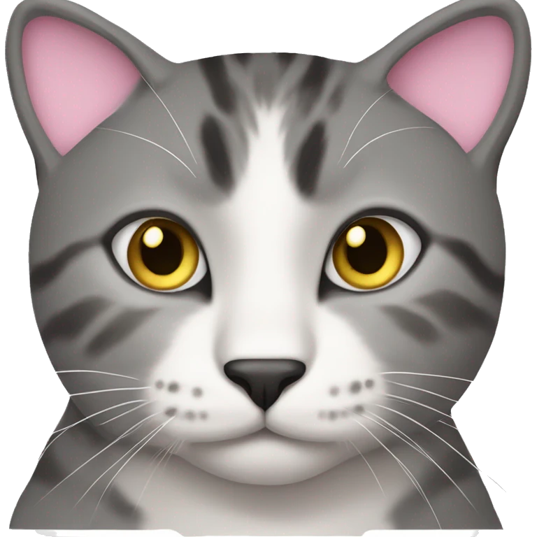 Cat with clear white face, little black spot like mustache under nose, pink ears, and full forehead and under ears the fur is black, yellow eyes, no stripes emoji
