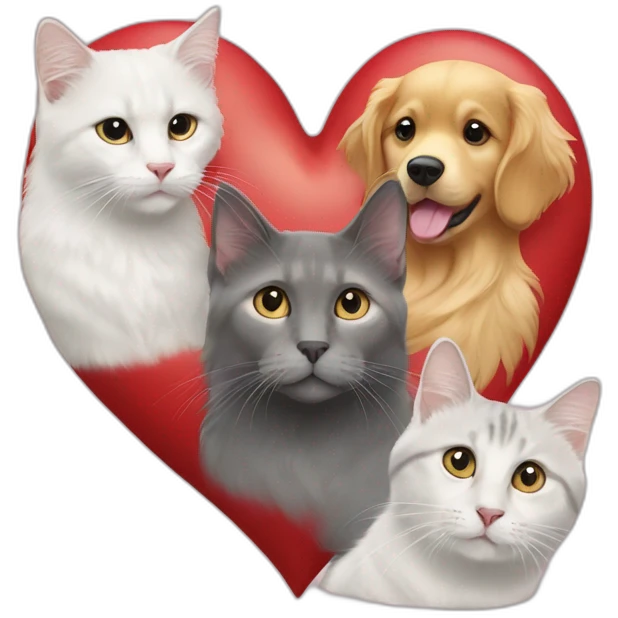A Golden retriever, a white cat, and a gray cat in a red heart emoji