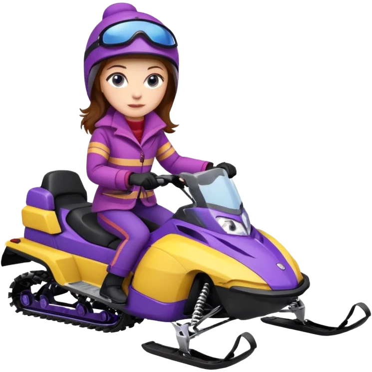 Brown hair, very blue eyes, Woman wearing a Very red coat  on purple and yellow striped snowmobile emoji
