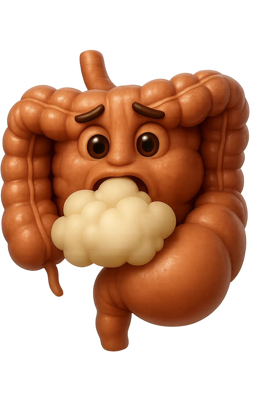 emoji stile iphone di un intestino che ingoia una nuvoletta di aria ben visibile e gli si gonfia la pancia, non fargli il naso, iperrealistico 4k emoji