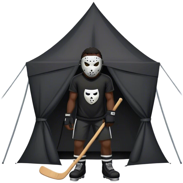 dark skinned black man standing in front of tent wearing a black t shirt with a scary hockey mask emoji