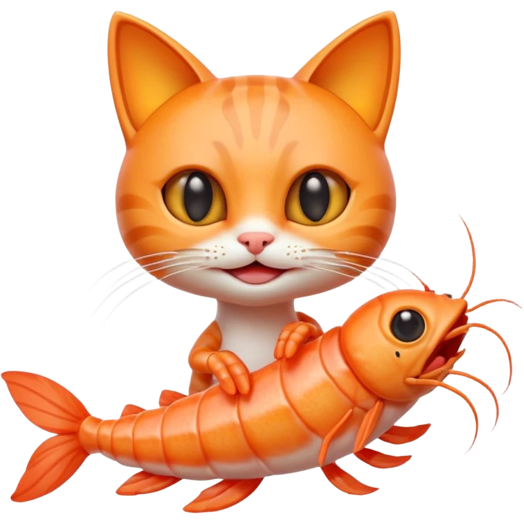 A cute 3D hybrid creature combining a cat and a shrimp, with a cat’s head and a shrimp’s body, bright orange tones, big expressive eyes, smiling face, cartoon style, soft lighting, smooth textures, emoji-like design, high-quality digital illustration. emoji