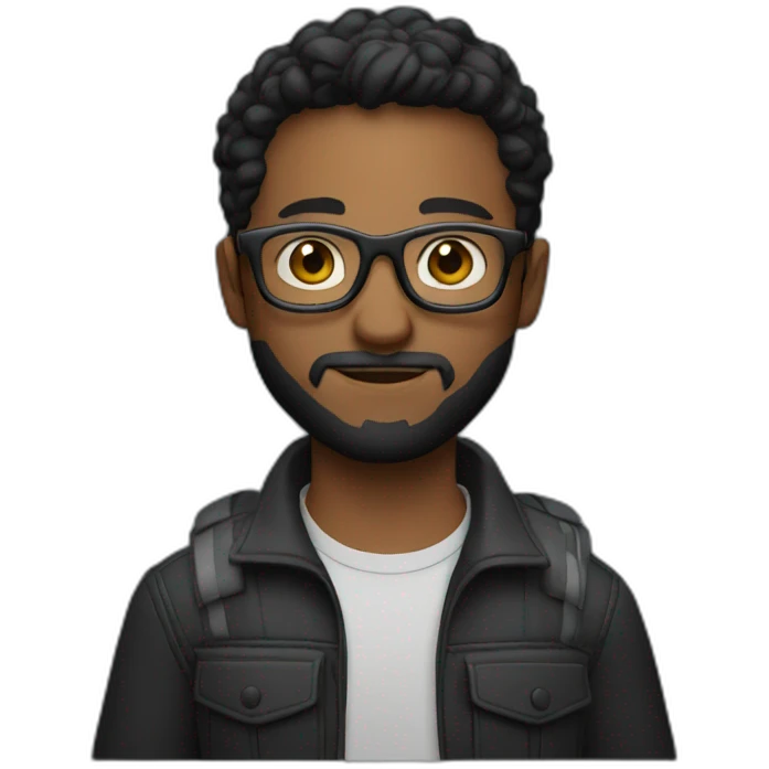 a filmmaker, young, black, short hair, beard, wearing glasses and with camera in hand. Using black emoji
