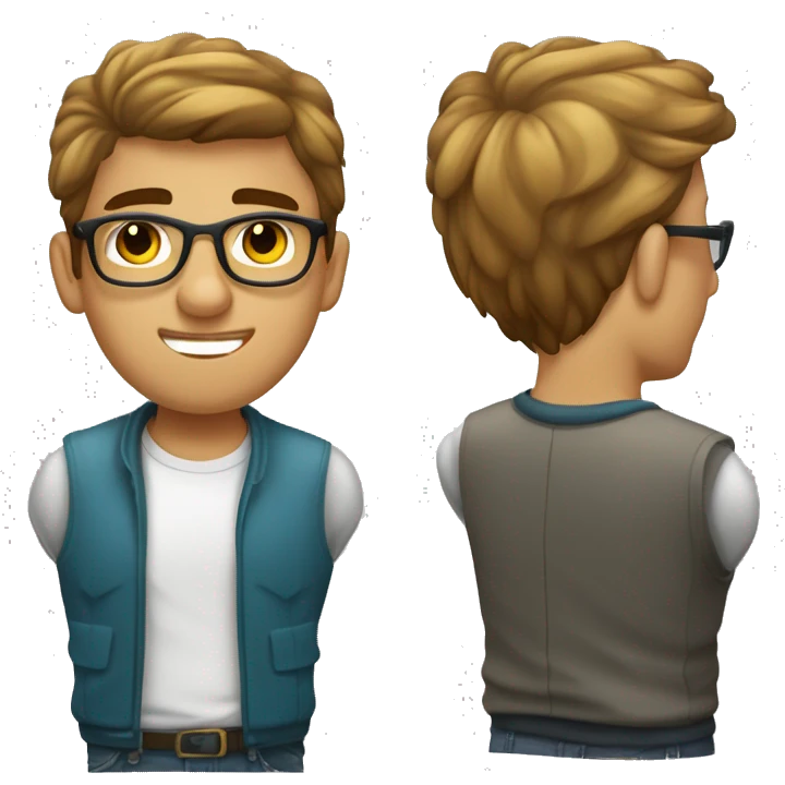Hombre joven moderno pelo corto castaño y ropa juvenil con gafas  trabajando con ordenado emoji