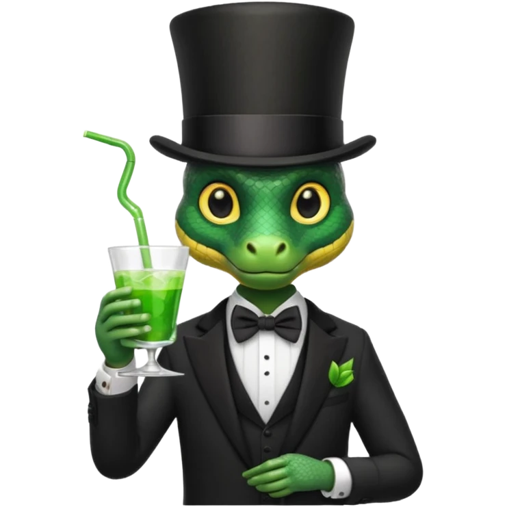 snake wearing suit, bowtie and top hat, holding a glass of green drink emoji