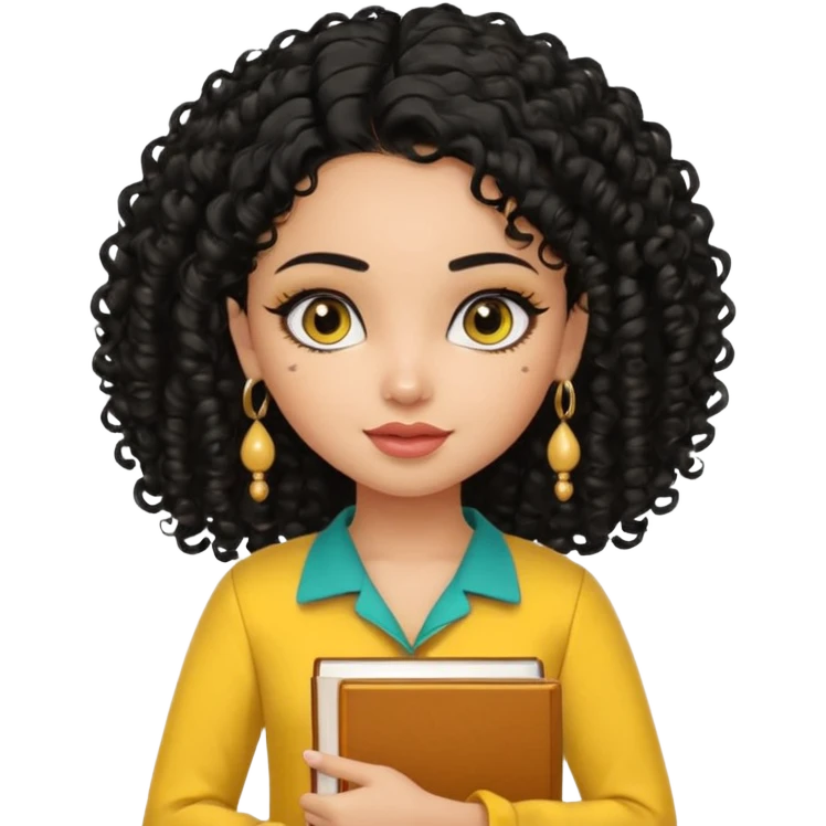 a pretty bratz girl with curly black hair wearing a yellow kurti, eyeliner, jhumkas, carrying books emoji