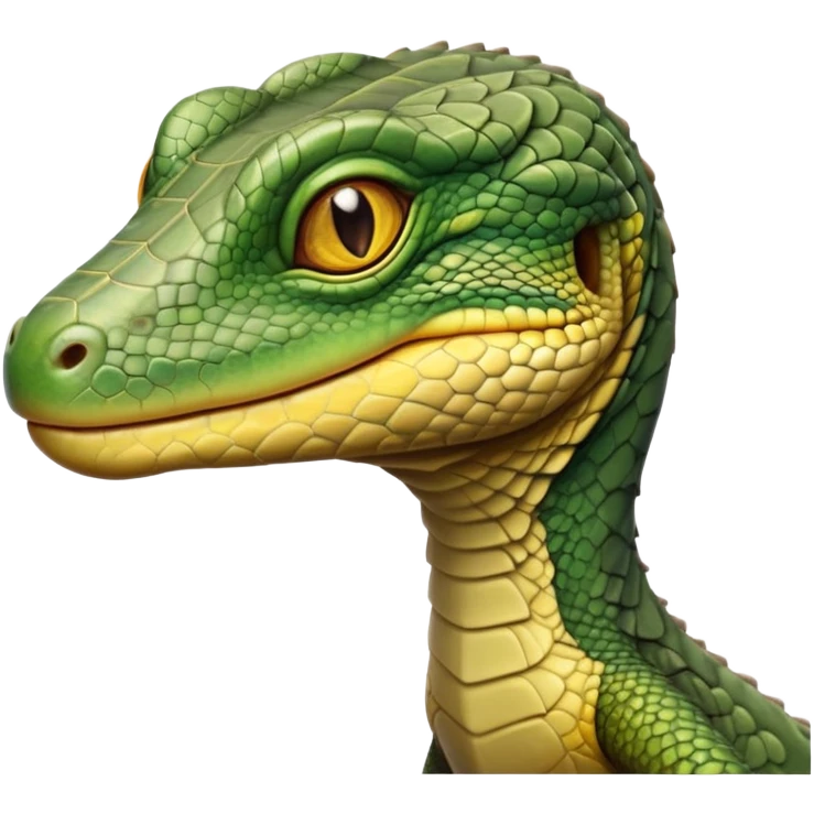 cinematic-realistic-cute-monitor-lizard-portrait-emoji,-head-tilted-playfully-and-inquisitively,-featuring-a-compact,-agile-body-with-finely-detailed,-glossy-scales-in-earthy-olive-hues-and-a-distinct,-alert-face-with-bright,-curious-eyes, yellow and dark green emoji