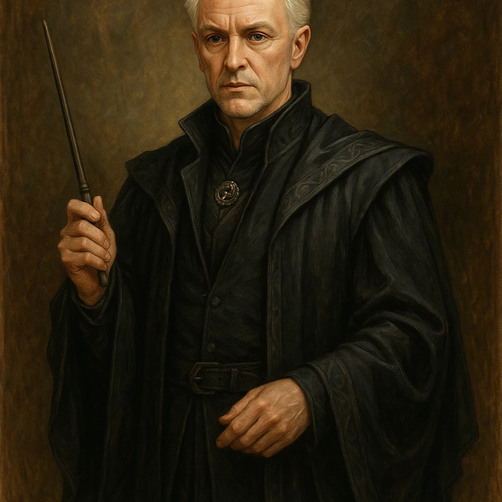 Draco Malfoy, age 37, stylish wizard robes, silver-blond hair, mature, fantasy illustration emoji