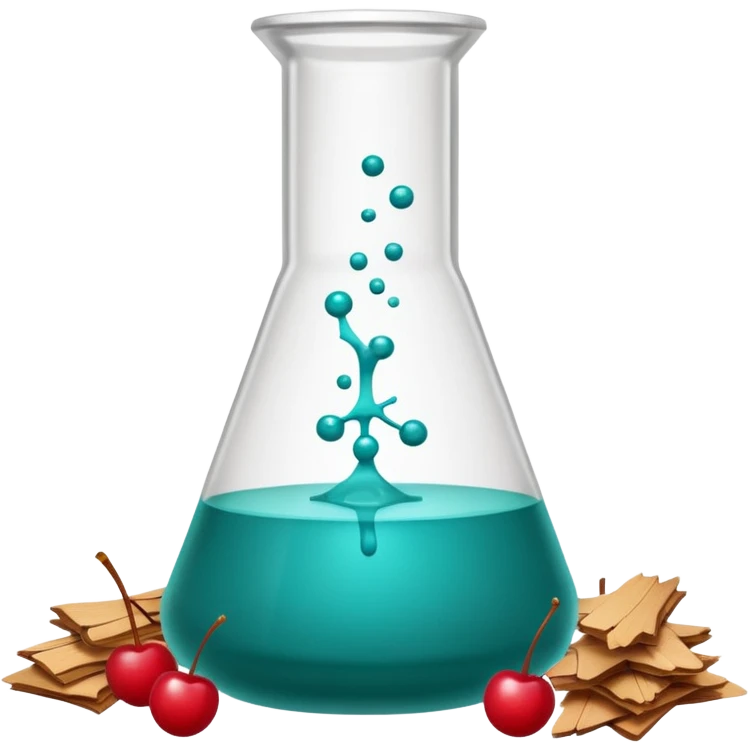 A science beaker filled with teal chemical, cherry slices, paper balls, and wood chips emoji