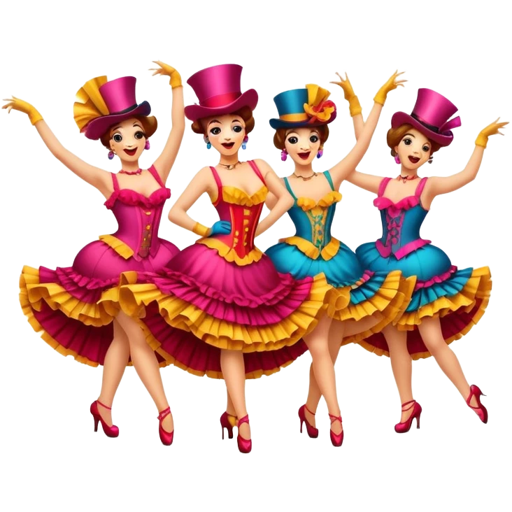 Cinematic Realistic Can-can Dance Emoji, depicted as a lively cabaret dance scene with flouncy costumes and dynamic energetic movement, rendered with vibrant textures and playful theatrical lighting that captures the spirit of French cabaret. emoji
