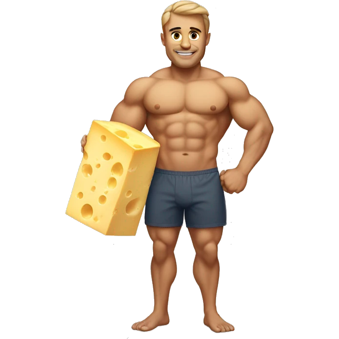 Buff guy with surf shorts and a block of cheese emoji