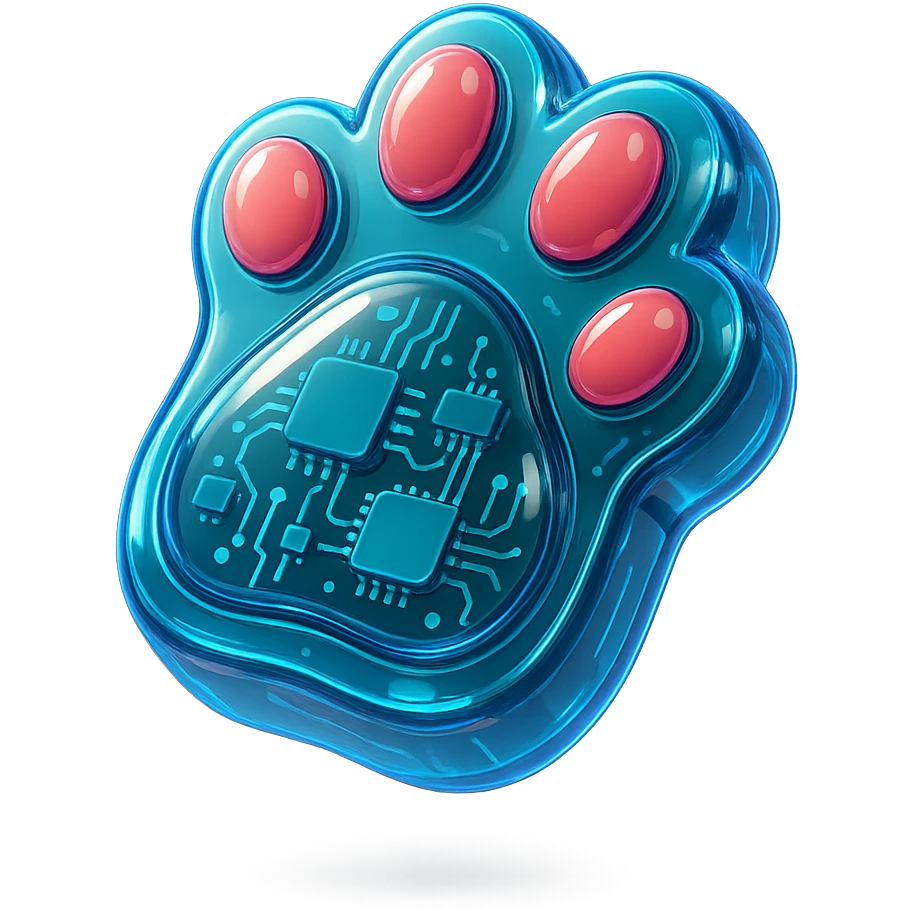 fluffy cat paw, glossy circuit style, shiny and tech-inspired, neon accents emoji