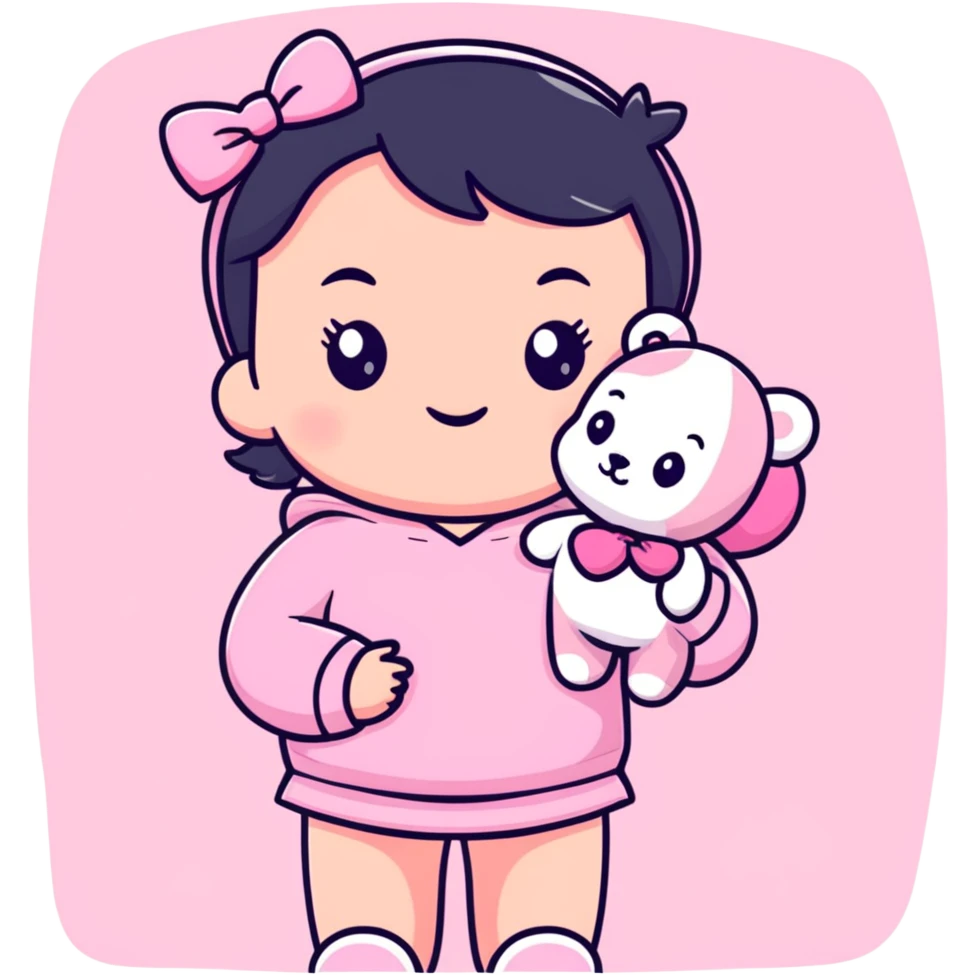 cute toddler girl with pastel pink clothes holding a pink teddy bear emoji