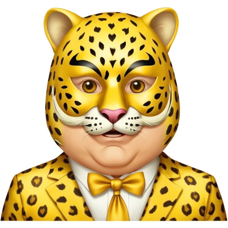 a fat old man, with a yellow suit,  wear half-face golden Leopard masquerade mask emoji