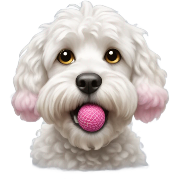 White cockapoo dog with pink tennis ball in mouth emoji