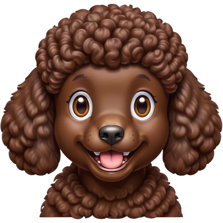 Cinematic Comical Chocolate Poodle Portrait Emoji, Head tilted dramatically with an exaggeratedly amused expression, featuring a glossy, curly chocolate Fur with a bouncy texture, wide, expressive brown eyes filled with playful disbelief, Simplified yet hilariously expressive features, highly detailed, glowing with a slightly sassy glow, high shine, dramatic yet playful, stylized with an air of cheeky mischief, bright and endearing, soft glowing outline, capturing the essence of a spirited and over-the-top companion, so meme-worthy it feels like it could side-eye its way into internet fame instantly! emoji