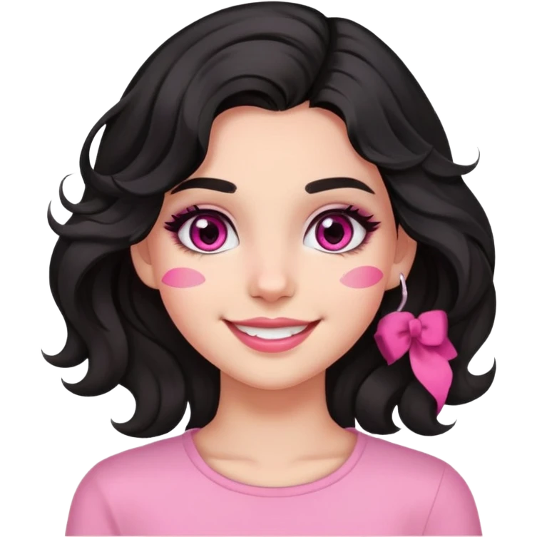 smiling girl with black wavy hair swept to the left, pink eye makeup smudged, no pink on cheeks emoji