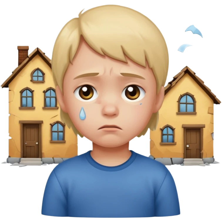 apple style emoji of a small child sitting sadly with broken houses nearby emoji