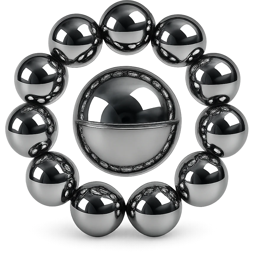 several reflective metallic chrome spheres connected together in a circle with one larger chrome sphere in the center, highly polished, no background emoji
