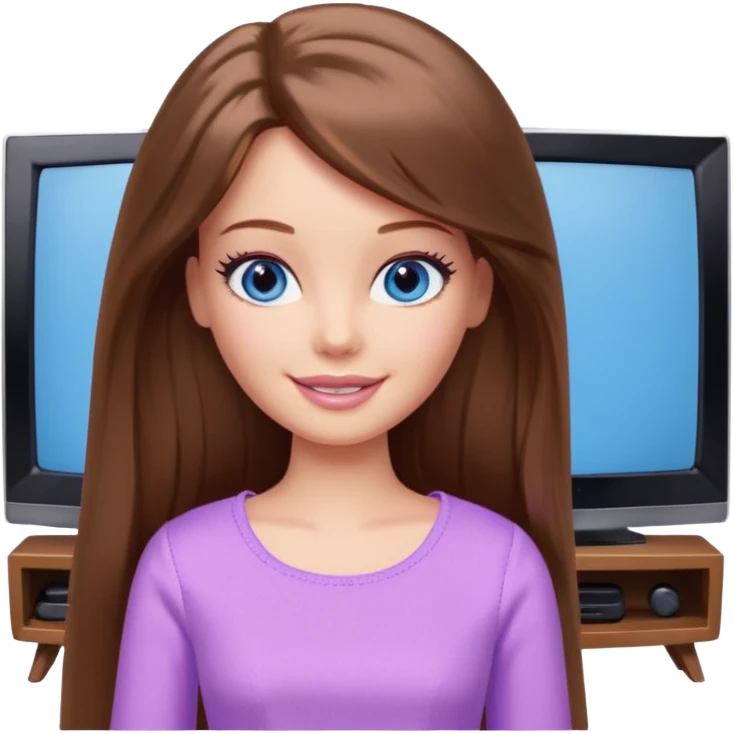 beautiful barbie girl with long brown hair, blue eyes and wearing light purple clothes watching netflix on tv emoji