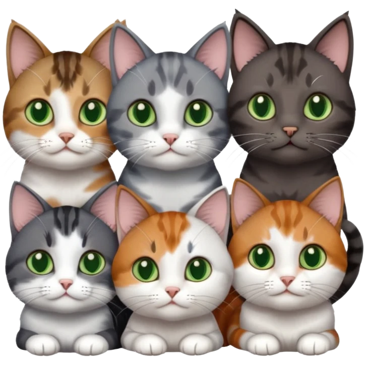 4 different coloured small cats including a dark grey and white, and a patchy calico, and a brown tabby and white,  and a completely solid dark grey with green eyes and only white paws emoji