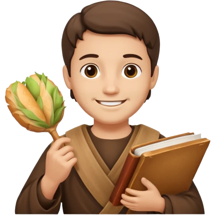 Santo Antônio with brown tunic, holding bread and a book, smiling face emoji