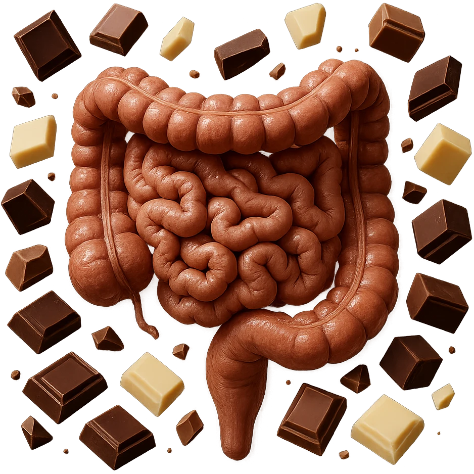pezzetti di cioccolato fondenti, al latte e bianchi fluttuano intorno ad un intestino umano anatomico realistico, IPERREALISTICO 4K emoji