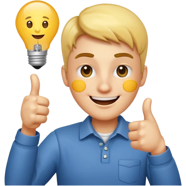 playful product owner emoji, person with a lightbulb and product diagram, winking and giving a thumbs up emoji